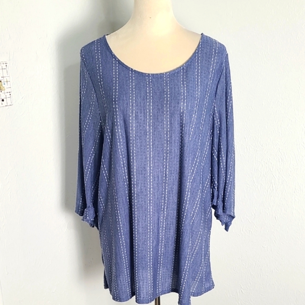 W5 Blue Chambray Top with White Dotted Stripes, Size 1X, NWT